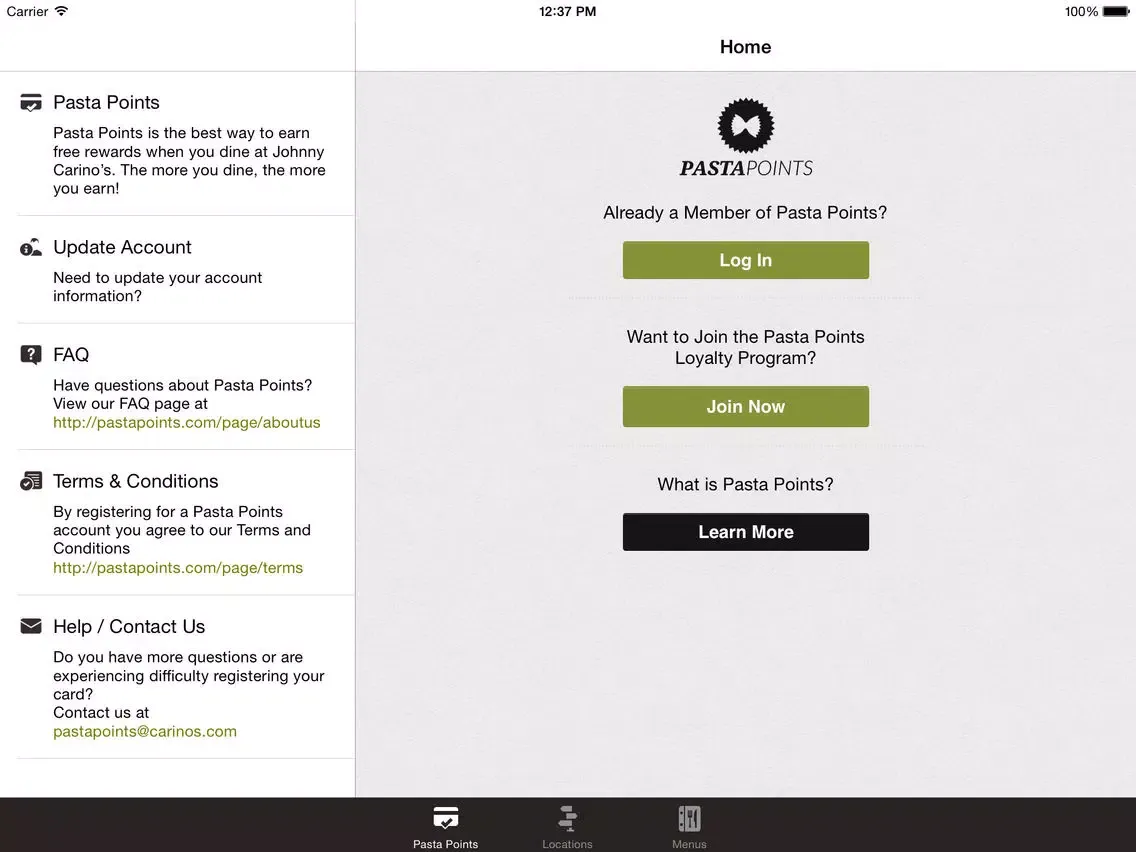 Johnny Carino's Pasta Points iPad  Screenshots