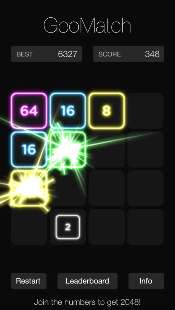 GeoMatch - 2048 experience with glowing neon particle explosions سکرین شاٹس