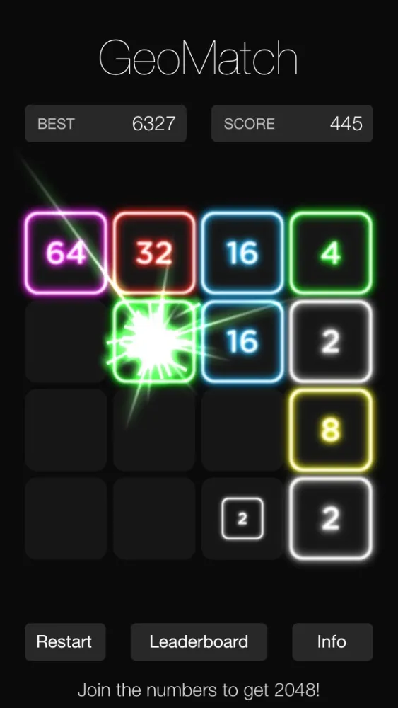 GeoMatch - 2048 experience with glowing neon particle explosions سکرین شاٹس