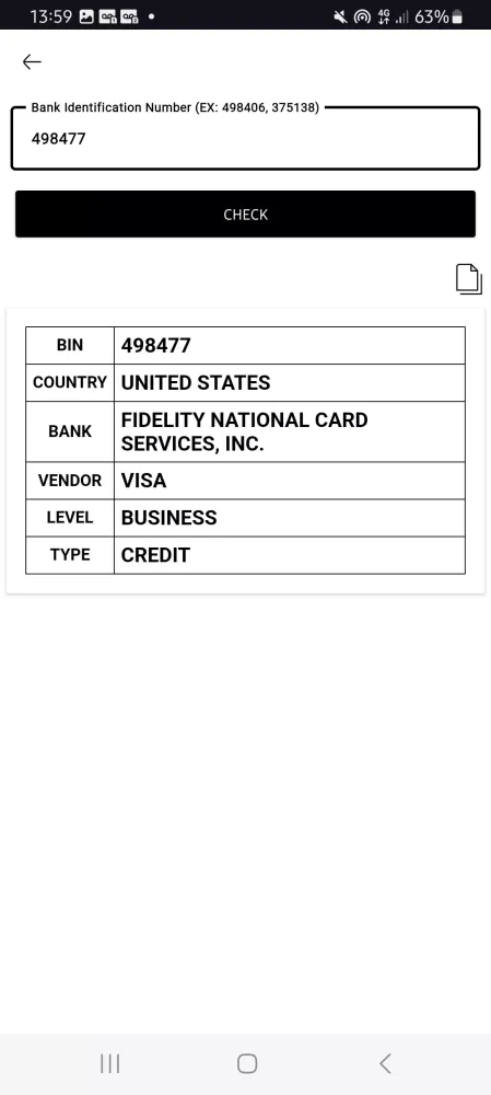 Credit card tools - Bin Check Screenshots