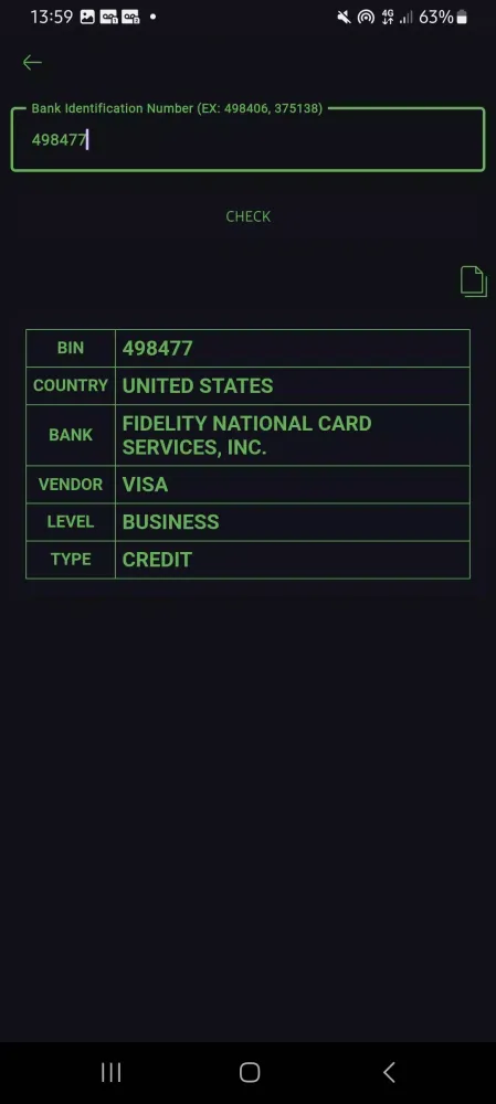 Credit card tools - Bin Check Screenshots