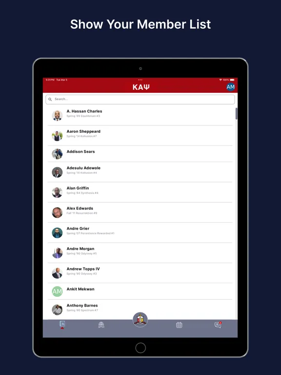 Tangkapan layar Fraternity App iPad 
