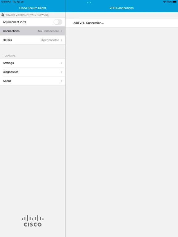 Capturas de tela do Cisco Secure Client iPad 