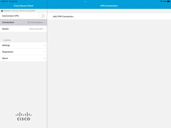 Capturas de tela do Cisco Secure Client iPad 