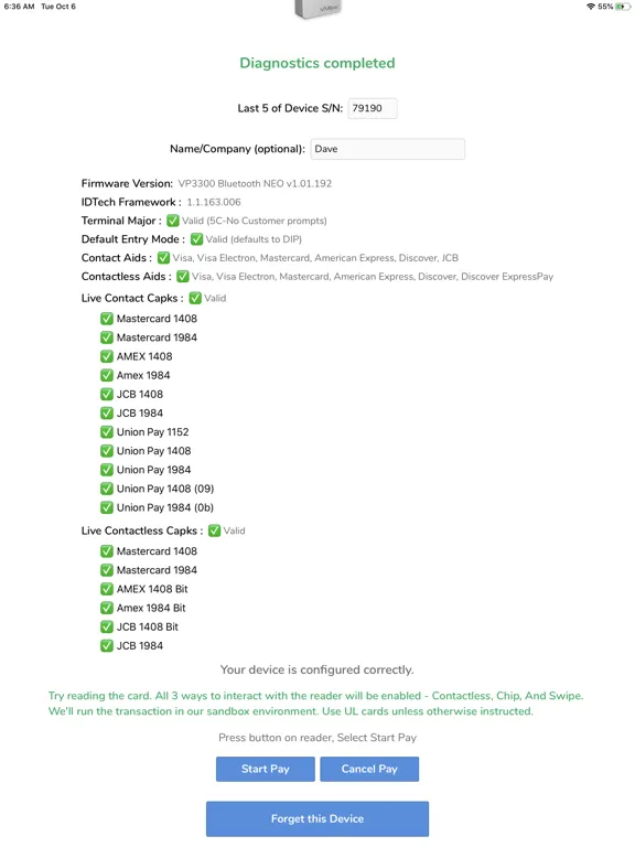 Tangkapan skrin Clearent IDTech Diagnostics iPad 