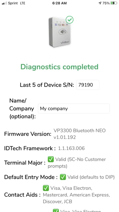Tangkapan skrin Clearent IDTech Diagnostics