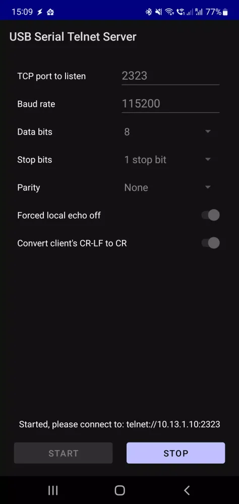 USB Serial Telnet Server سکرین شاٹس
