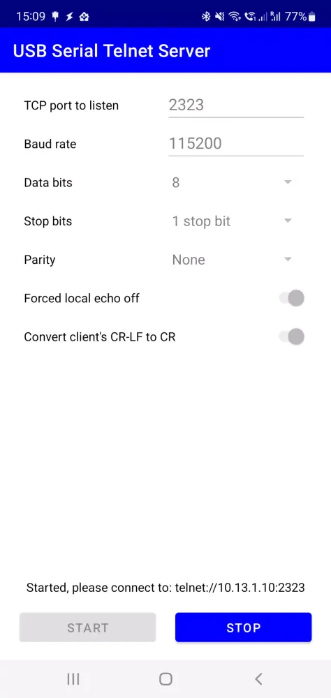 USB Serial Telnet Server سکرین شاٹس