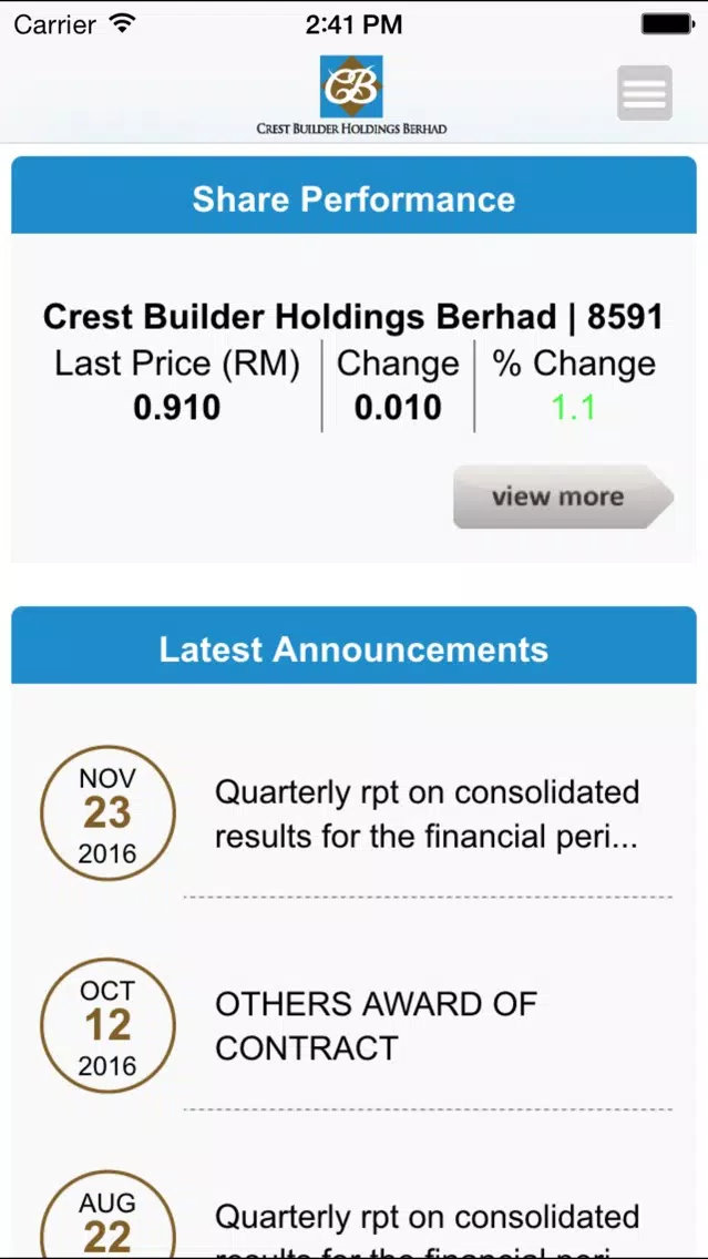 Capturas de pantalla de Crest Builder Holdings Berhad Investor Relations
