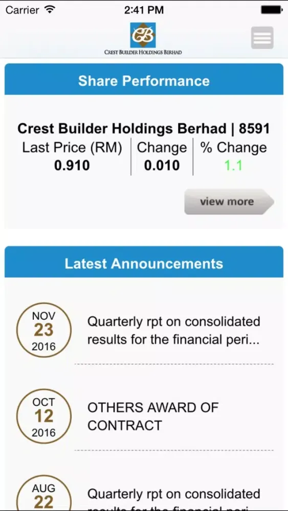 Crest Builder Holdings Berhad Investor Relations Screenshots