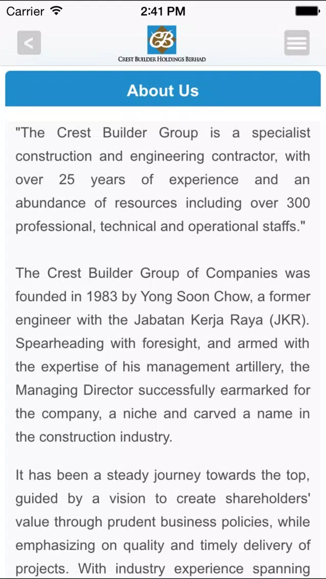 Capturas de pantalla de Crest Builder Holdings Berhad Investor Relations