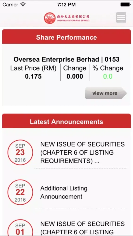 Zrzuty ekranu Oversea Enterprise Berhad Investor Relations