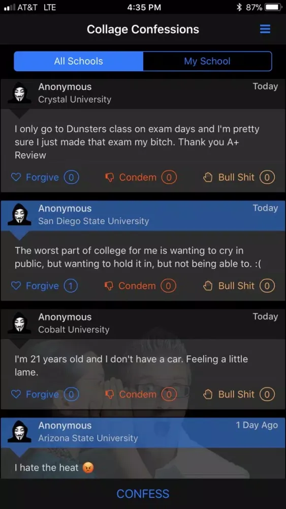 Tangkapan skrin College Confessions