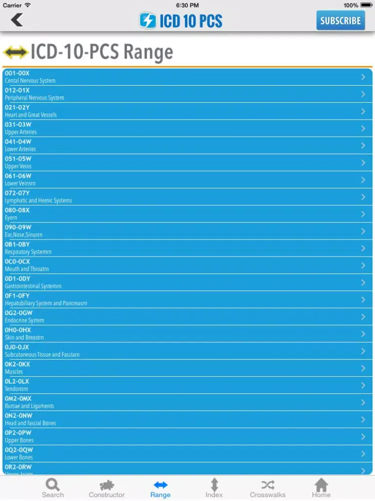 Ảnh chụp màn hình của ICD-10-PCS Lookup iPad
