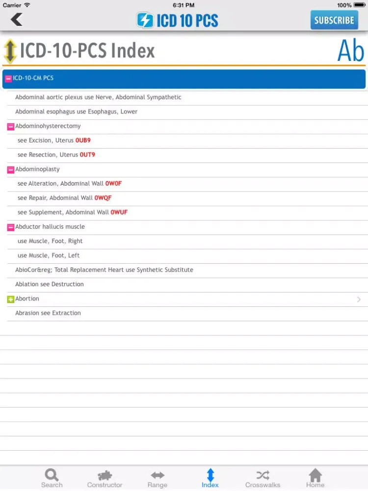 Ảnh chụp màn hình của ICD-10-PCS Lookup iPad