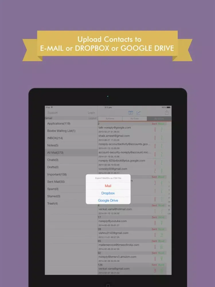 MailContacts : Extract emails from gmail & yahoo iPad  스크린샷