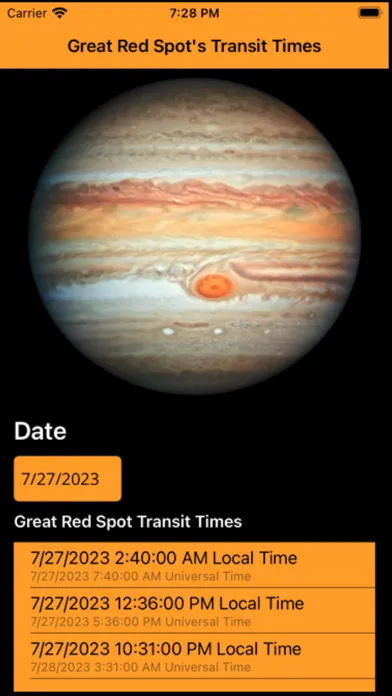 Capturas de tela do Great Red Spot Transit Times