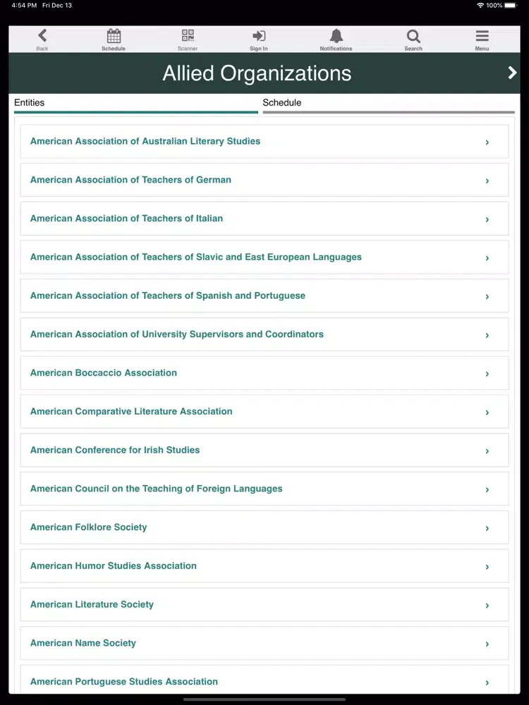 Capturas de tela do MLA 2020 Annual iPad 