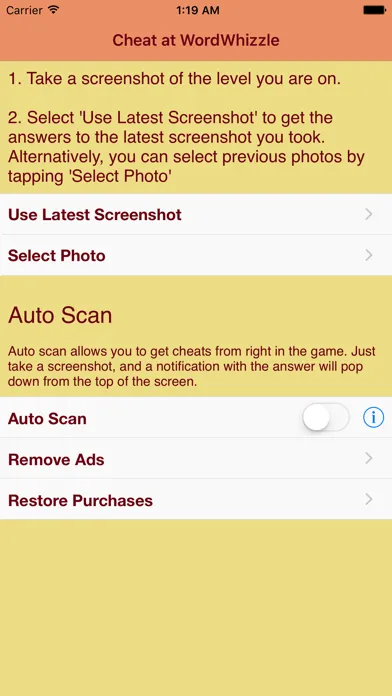 Cheat at WordWhizzle! Screenshot your game - get the answer. Features Auto Scan Screenshots