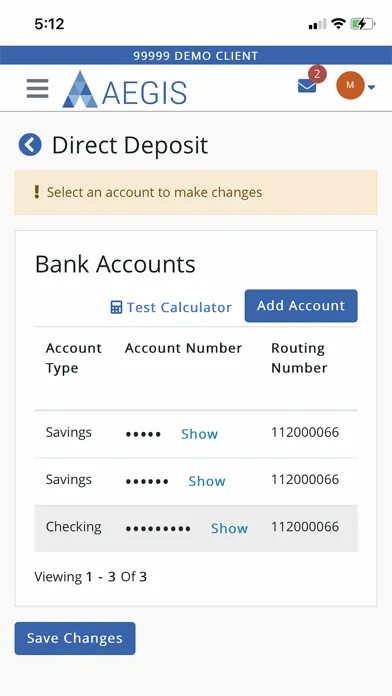 Ảnh chụp màn hình của Aegis Employee Portal