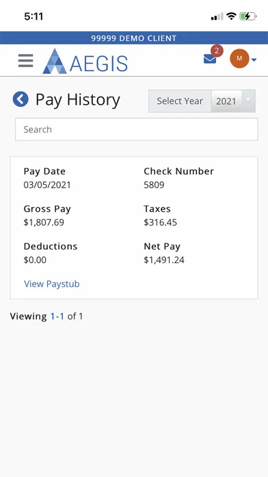 Ảnh chụp màn hình của Aegis Employee Portal