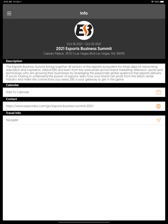 Capturas de tela do Esports Business Summit iPad 