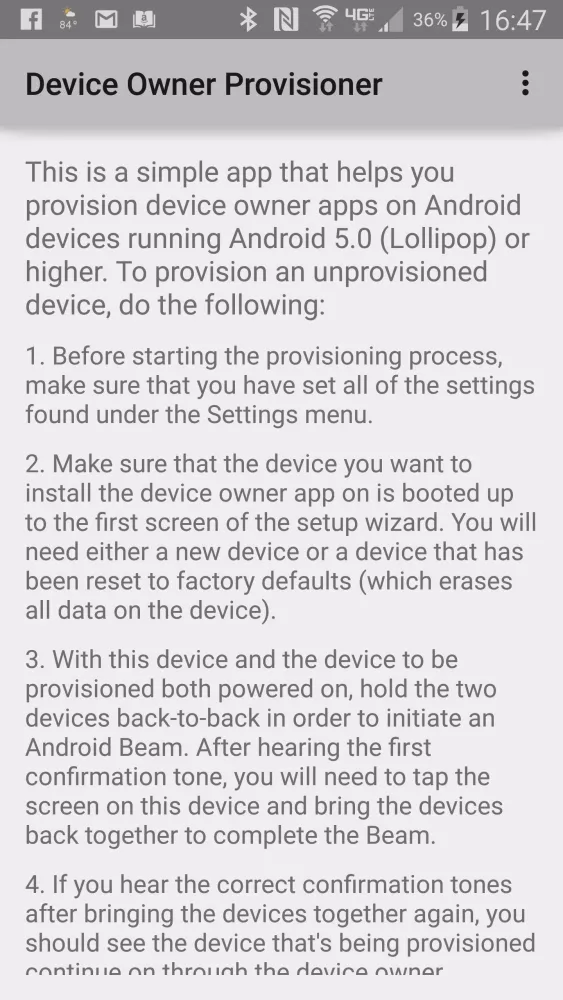 ภาพหน้าจอของ Device Owner Provisioner