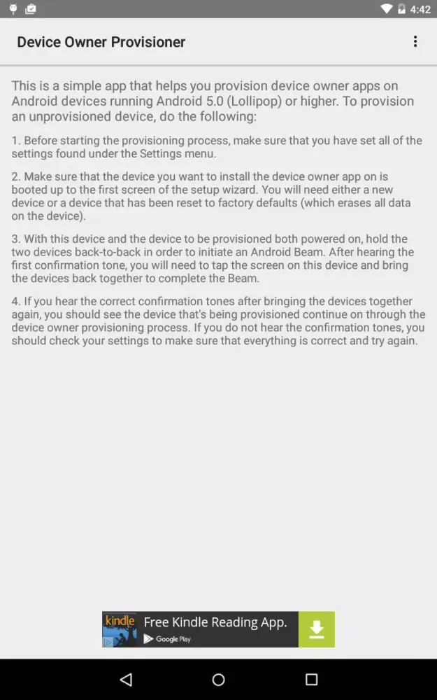 ภาพหน้าจอของ Device Owner Provisioner