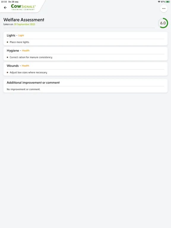 CowSignals® Welness Assessment iPad  Screenshots