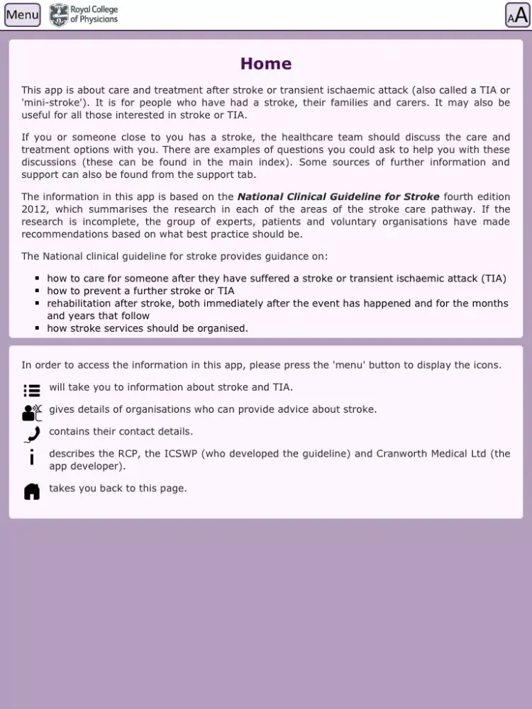 Capturas de tela do RCP Stroke Guideline 2012 – Patient and Carer iPad 