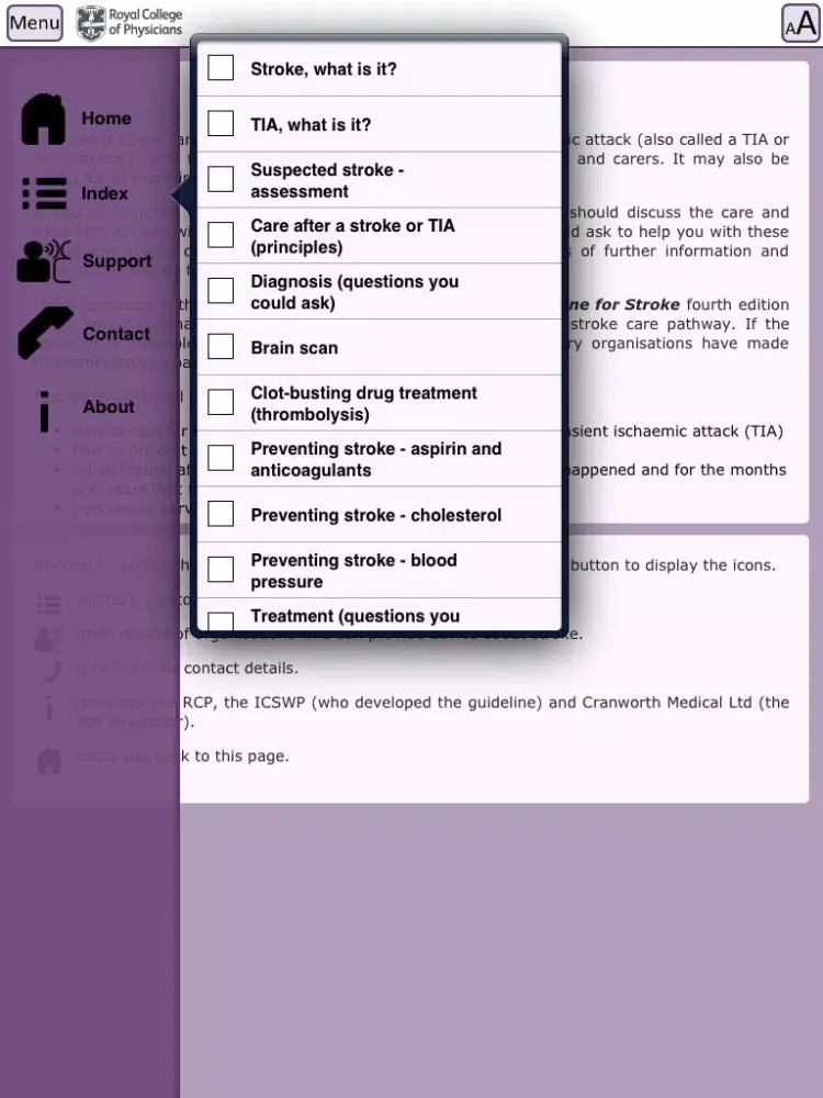 Capturas de tela do RCP Stroke Guideline 2012 – Patient and Carer iPad 