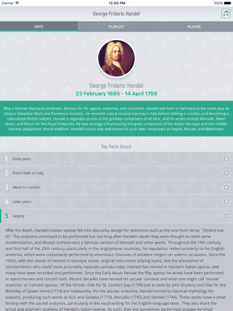 George Handel - Classical Music iPad  স্ক্রিনশট