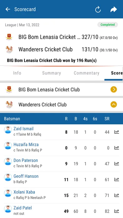 Tangkapan layar LIONS Scoring and Fixtures