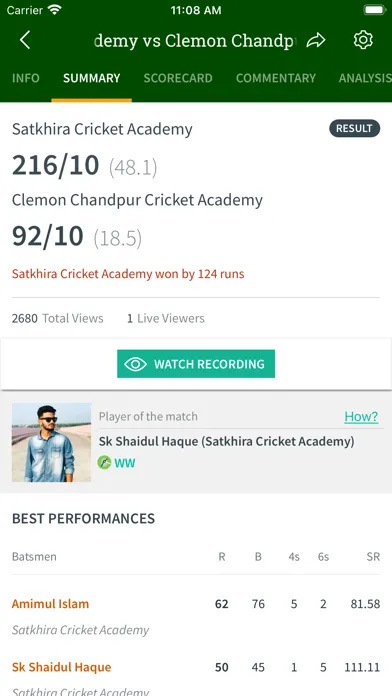 Capturas de tela do BCB Match Centre
