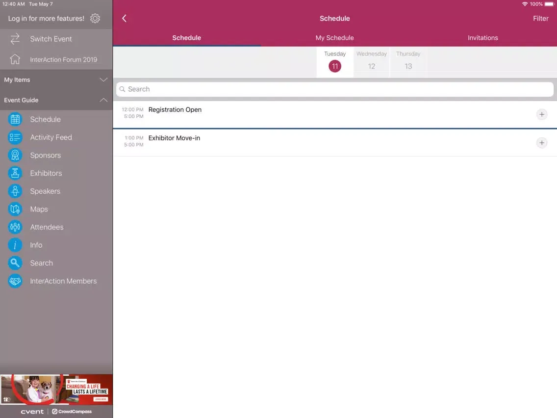 Ảnh chụp màn hình của InterAction Events iPad 