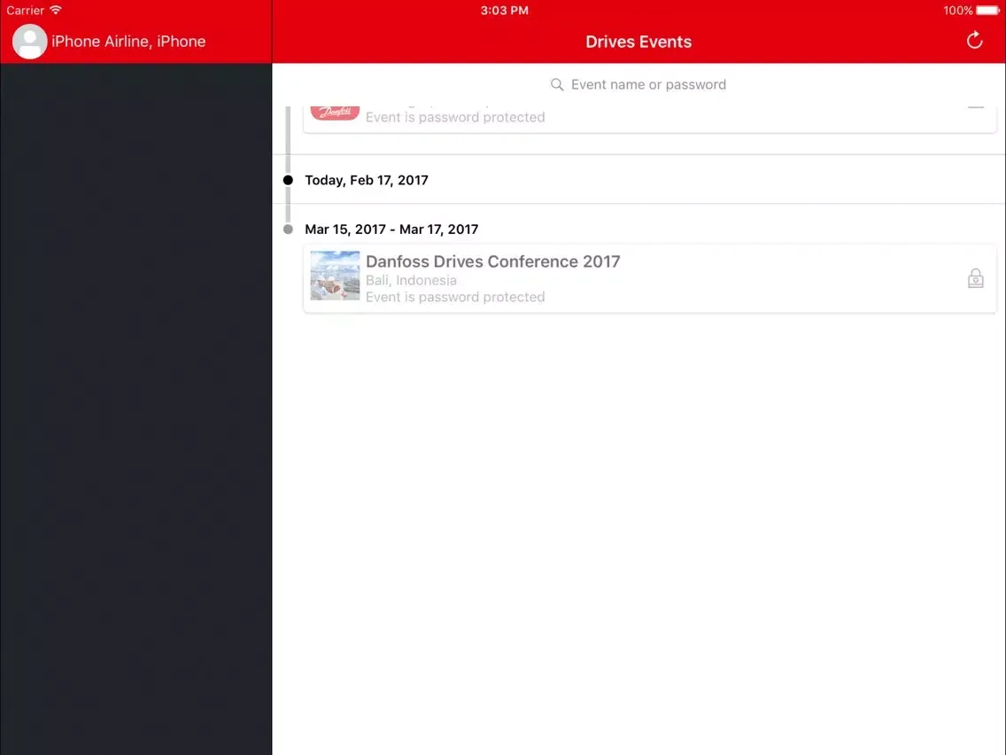 Capturas de tela do Danfoss Events iPad 
