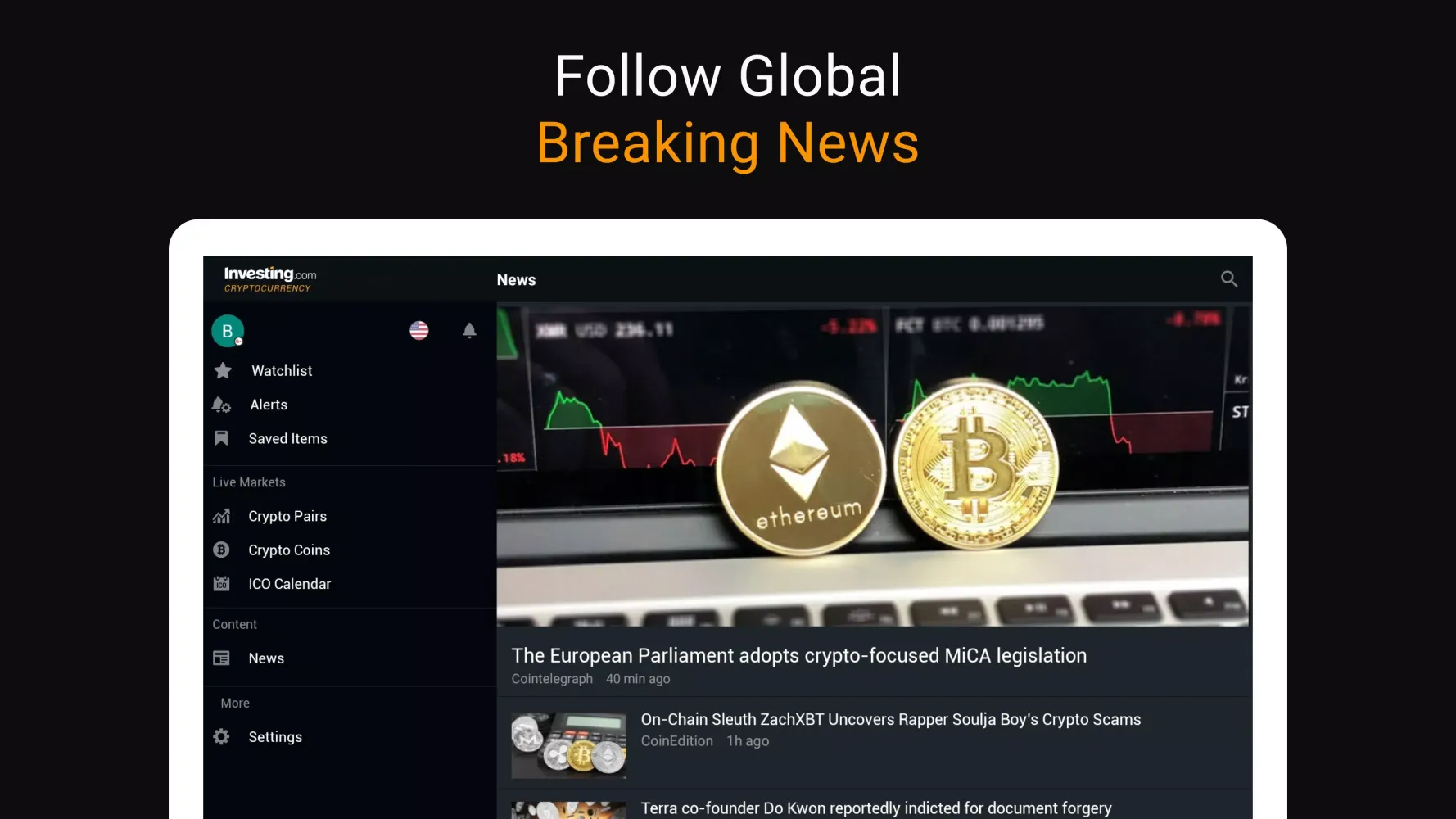 Tangkapan layar Investing: Crypto Data & News