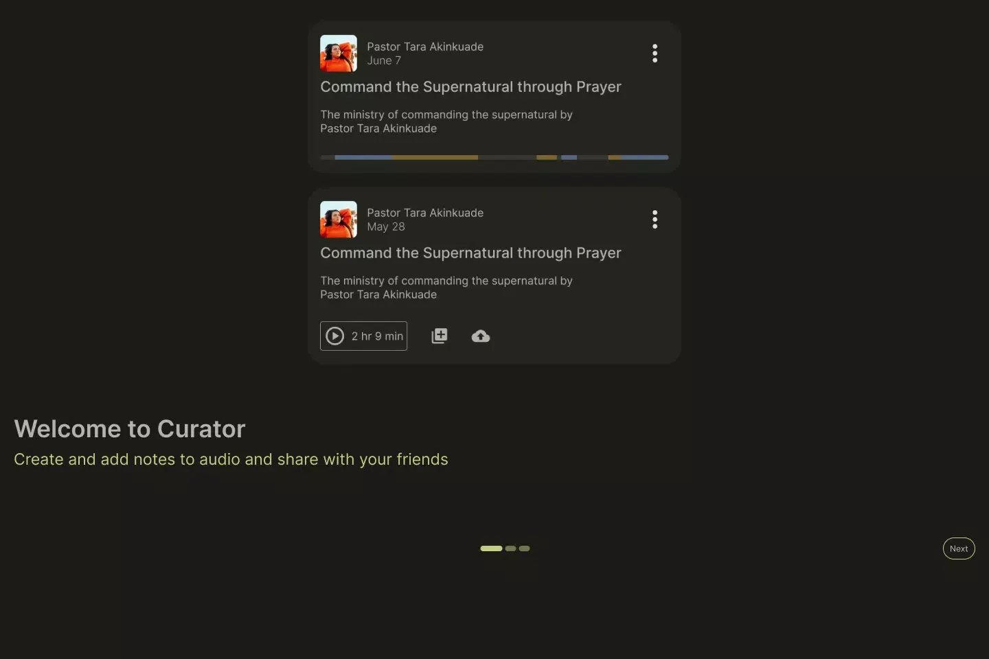 Capturas de tela do Curator
