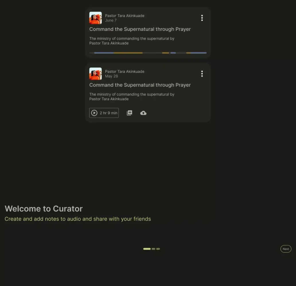 Capturas de tela do Curator