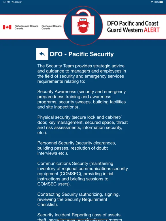 DFO/CCG Pac-West Alert iPad  Screenshots
