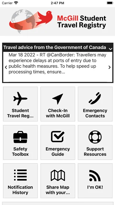 McGill Student Travel Registry Screenshots