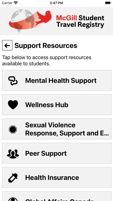 McGill Student Travel Registry Screenshots