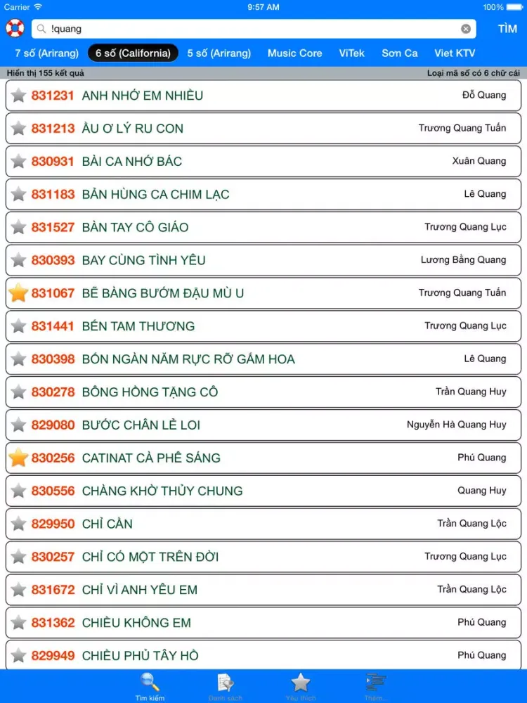 VNKaraoke - Tra cứu mã số karaoke 7, 6, 5 số Arirang, MusicCore, ViTek, Sơn Ca, Việt KTV iPad 应用截图