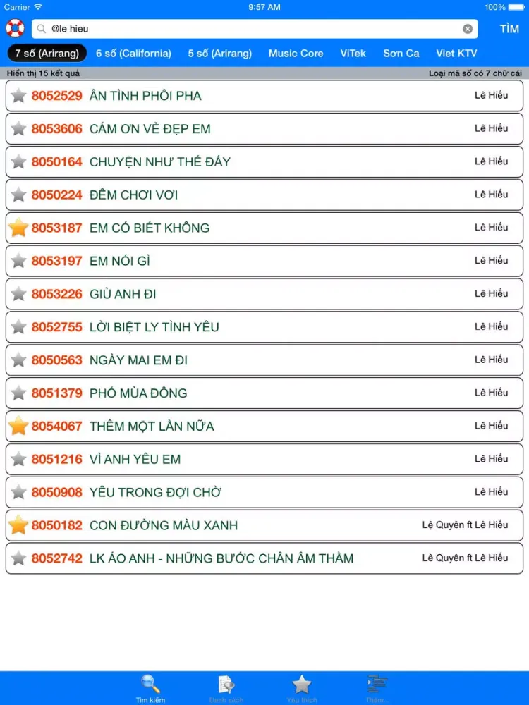 VNKaraoke - Tra cứu mã số karaoke 7, 6, 5 số Arirang, MusicCore, ViTek, Sơn Ca, Việt KTV iPad 应用截图