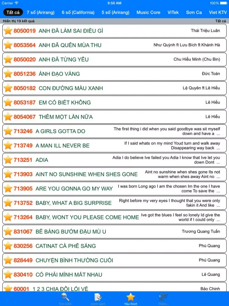 VNKaraoke - Tra cứu mã số karaoke 7, 6, 5 số Arirang, MusicCore, ViTek, Sơn Ca, Việt KTV iPad 应用截图
