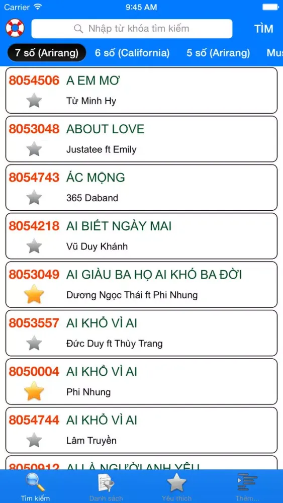 VNKaraoke - Tra cứu mã số karaoke 7, 6, 5 số Arirang, MusicCore, ViTek, Sơn Ca, Việt KTV应用截图