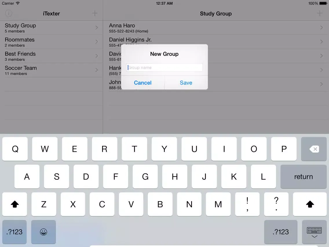 Tangkapan layar iTexter iPad 
