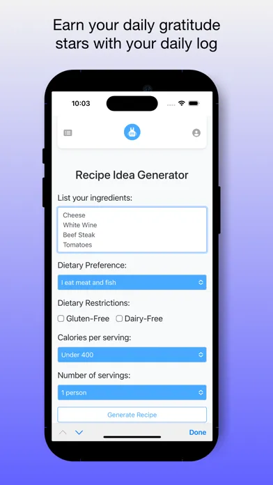 Capturas de tela do AI Recipe Ideas Wizard