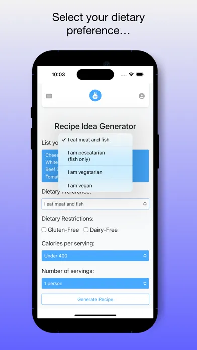 Capturas de tela do AI Recipe Ideas Wizard