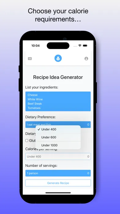 Capturas de tela do AI Recipe Ideas Wizard